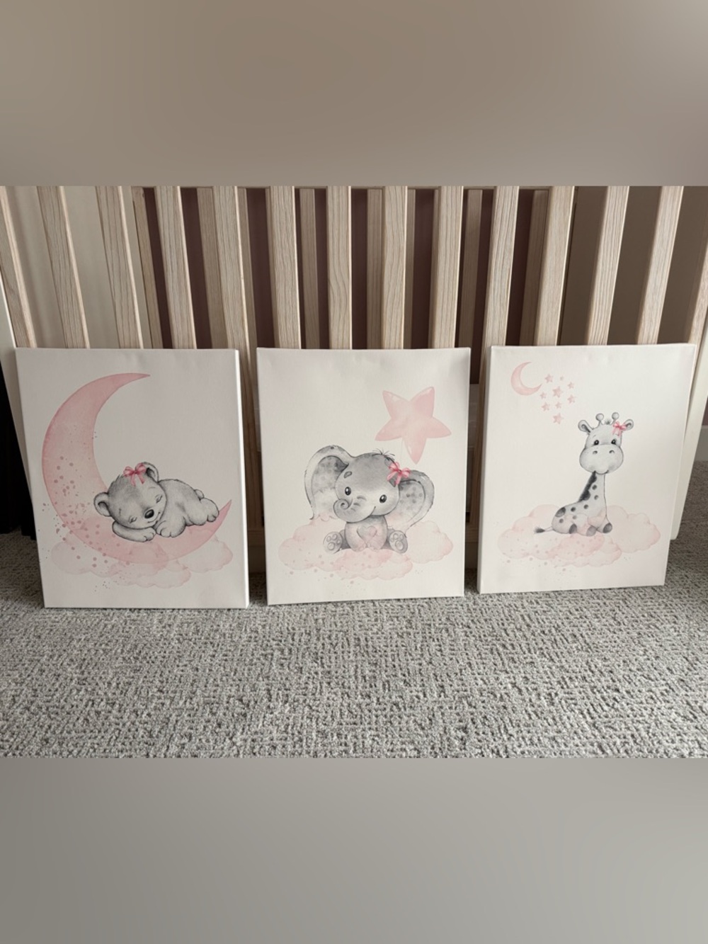 Baby Animal Nursery Canvas Art - Pink & Gray